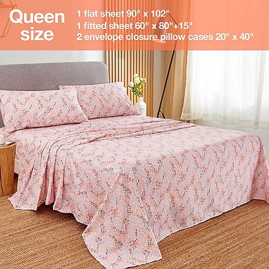 Queen Size 4 Piece Microfiber Sheet Set Floral Pattern Extra Deep Pocket Soft Brushed