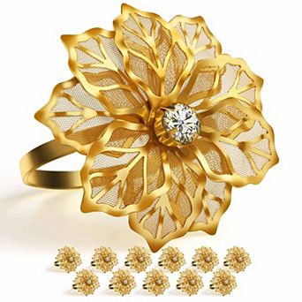 12 Pack Flower Napkin Rings Clear Rhinestone Alloy Hollow Wedding Christmas Party Table Decor