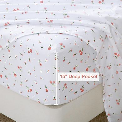 Floral Queen Sheet Set Flower Bed Sheets Queen Size - 4 Piece Microfiber Patterned Fitted Bed Sheets