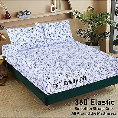 Cotton Sheets,Queen Size Bedding,Cooling,Breathable Floral Design, Durable with a Crisp,4-Piece Set