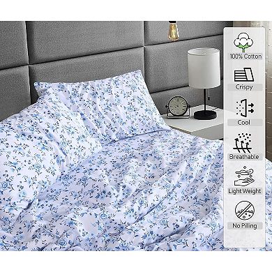 Cotton Sheets,Queen Size Bedding,Cooling,Breathable Floral Design, Durable with a Crisp,4-Piece Set