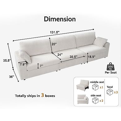 Opoiar 132" Corduroy Sofa, Deep Seat Couch, Washable Cover, Tool-Free Assembly