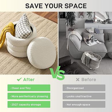 Round Storage Ottoman Stool Removable Lid Linen Footrest Bedroom Living Room 300 lbs