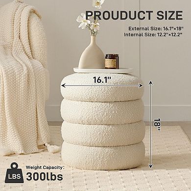 Round Storage Ottoman Stool Removable Lid Linen Footrest Bedroom Living Room 300 lbs