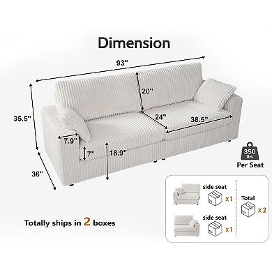 Opoiar 93" Corduroy Sofa, Deep Seat Couch, Washable Cover, Tool-Free Assembly