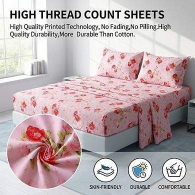 Queen Sheet Set Ultra Soft Breathable Silky Floral Deep Pocket Microfiber Bedding 4 Piece