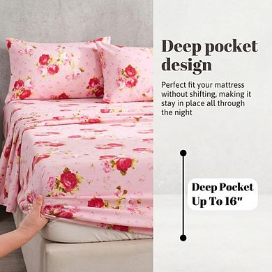 Queen Sheet Set Ultra Soft Breathable Silky Floral Deep Pocket Microfiber Bedding 4 Piece