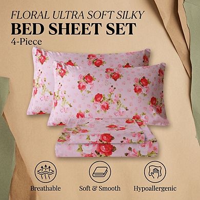 Queen Sheet Set Ultra Soft Breathable Silky Floral Deep Pocket Microfiber Bedding 4 Piece