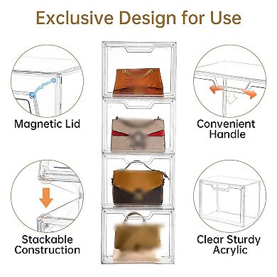 Acrylic Stackable Storage Bins with Magnetic Lids: 5-Pack Clear Display Cases for Handbags