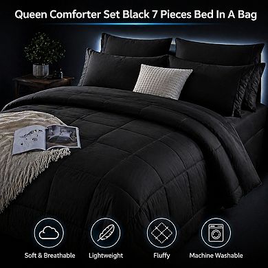 Queen 7-Piece Bed in a Bag All Season Bedding Set with Quilted Flat Fitted Sheets Pillowcases