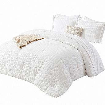 Queen 7 pc Seersucker Bed in a Bag White Bedding Set with Sheets Pillowcases Shams All Seasons