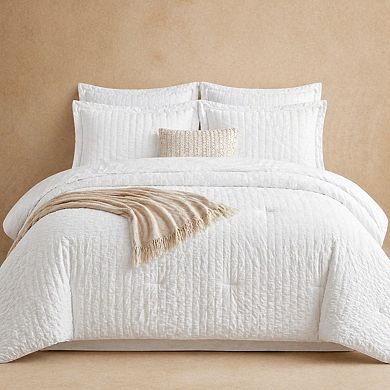 Queen 7-Piece Seersucker Bed in a Bag White Bedding Set with Sheets Pillowcases Shams All Seasons