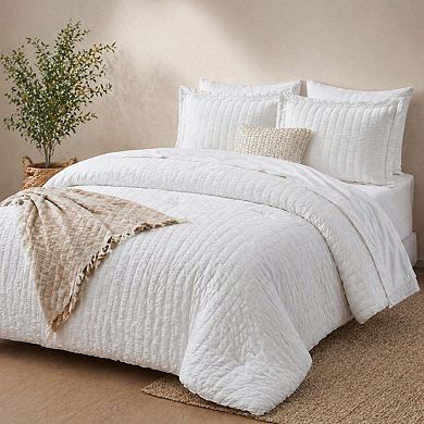 Queen 7-Piece Seersucker Bed in a Bag White Bedding Set with Sheets Pillowcases Shams All Seasons