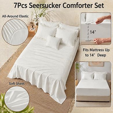 Queen 7-Piece Seersucker Bed in a Bag White Bedding Set with Sheets Pillowcases Shams All Seasons