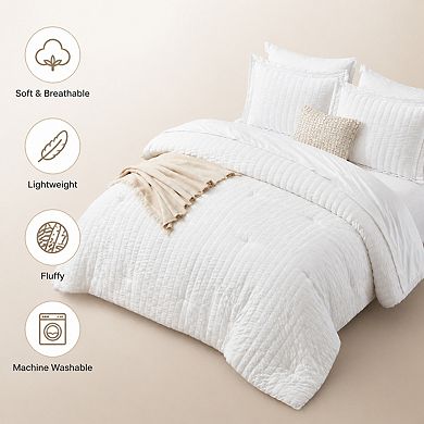 Queen 7-Piece Seersucker Bed in a Bag White Bedding Set with Sheets Pillowcases Shams All Seasons