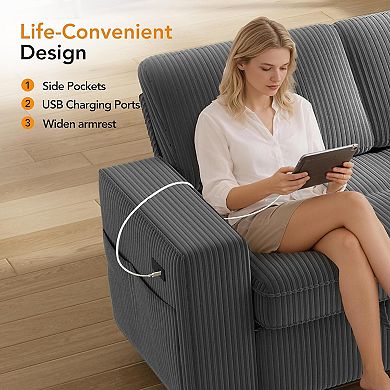 Opoiar 81" L-Shaped Corduroy Sleeper Sofa with Pull-Out Bed, Storage Chaise, Adjustable Back, USB