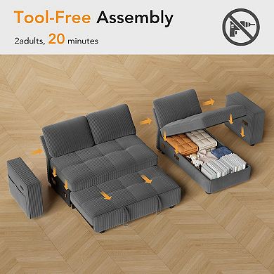 Opoiar 81" L-Shaped Corduroy Sleeper Sofa with Pull-Out Bed, Storage Chaise, Adjustable Back, USB
