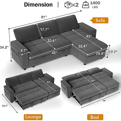 Opoiar 81" L-Shaped Corduroy Sleeper Sofa with Pull-Out Bed, Storage Chaise, Adjustable Back, USB