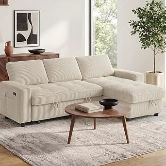 Opoiar 81" L-Shaped Corduroy Sleeper Sofa with Pull-Out Bed, Storage Chaise, Adjustable Back, USB