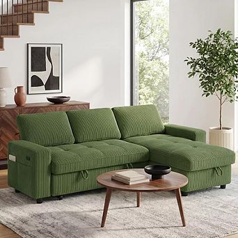 Opoiar 81" L-Shaped Corduroy Sleeper Sofa with Pull-Out Bed, Storage Chaise, Adjustable Back, USB