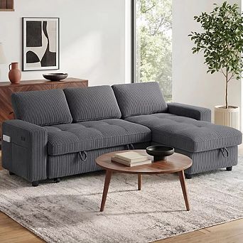 Opoiar 81" L-Shaped Corduroy Sleeper Sofa with Pull-Out Bed, Storage Chaise, Adjustable Back, USB