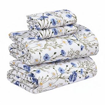 Cotton Percale Sheets Breathable Floral 4 pc Set Crisp Soft 200 Thread Count 16" Deep Pocket