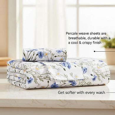 Cotton Percale Sheets Breathable Floral 4-Piece Set Crisp Soft 200 Thread Count 16" Deep Pocket