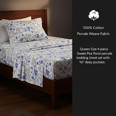 Cotton Percale Sheets Breathable Floral 4-Piece Set Crisp Soft 200 Thread Count 16" Deep Pocket