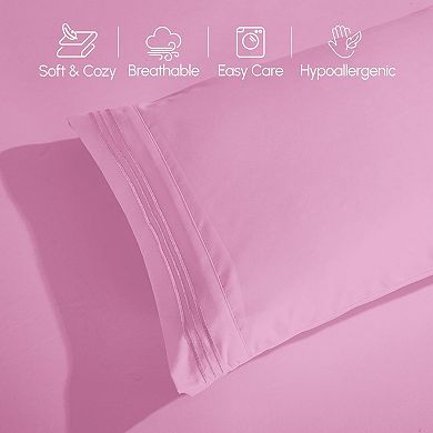 Quality Microfiber Three Line Embroidered Softest 4-Piece Bed Sheet Set, Wrinkle and Fade Resistant