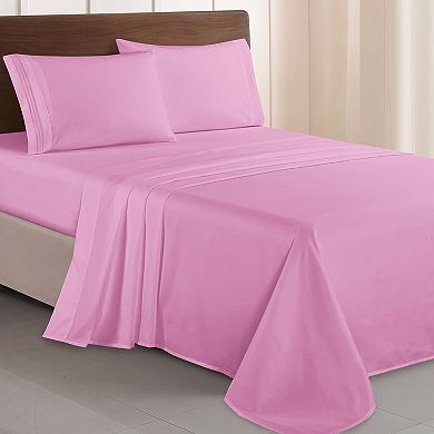 Quality Microfiber Three Line Embroidered Softest 4-Piece Bed Sheet Set, Wrinkle and Fade Resistant