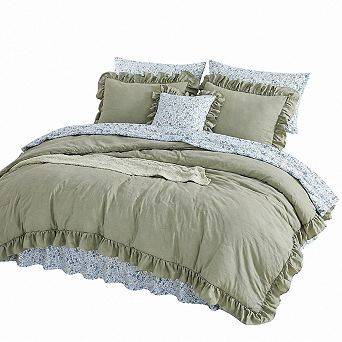 Queen 7 pc Ruffle Floral Bedding Set Soft Microfiber Shabby Chic Farmhouse