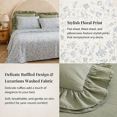 Queen 7-Piece Ruffle Floral Bedding Set Soft Microfiber Shabby Chic Farmhouse