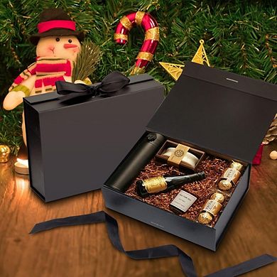 Black Magnetic Gift Box with Lid & Ribbon, 10.5x7.5x3.1 Inches Present Box