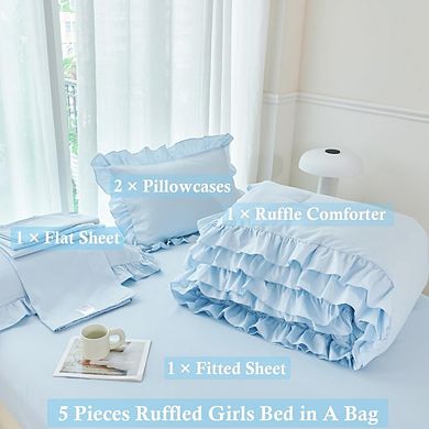 Ruffle Farmhouse Comforter Set Soft Fluffy Boho 5-Piece Bedding