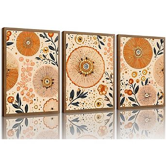 Boho Floral Wall Art Orange Beige Abstract Botanical Canvas Print Decor