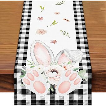 Easter Bunny Ears Buffalo Check Table Runner with Floral Spring Holiday Design
