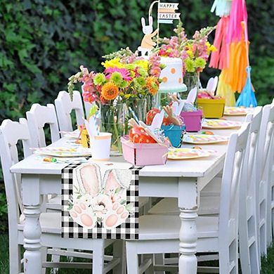 Easter Bunny Ears Buffalo Check Table Runner with Floral Spring Holiday Design