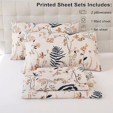 Boho Floral Printed Sheet Set King Size,4 Piece, Soft Botanical Pattern Microfiber Sheets Extra Deep