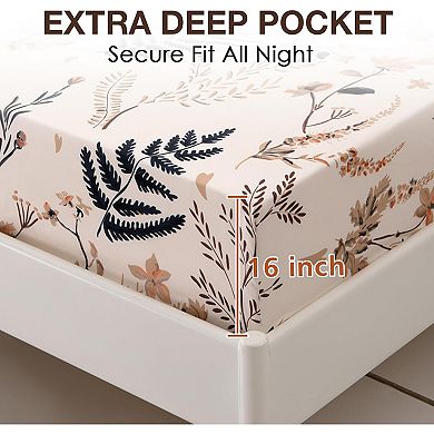 Boho Floral Printed Sheet Set King Size,4 Piece, Soft Botanical Pattern Microfiber Sheets Extra Deep