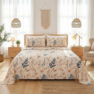 Boho Floral Printed Sheet Set King Size,4 Piece, Soft Botanical Pattern Microfiber Sheets Extra Deep