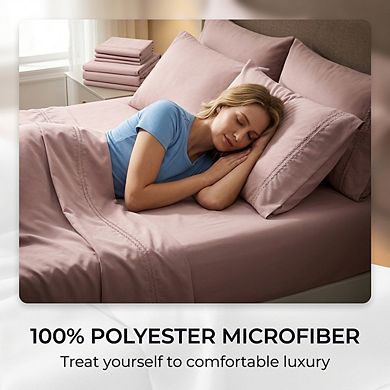 6 Piece Queen Sheet Set Soft Breathable Microfiber Deep Pocket Embroidered Bedding