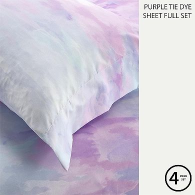 4-Piece Full Sheet Set Watercolor Tie Dye, Includes Top Sheet, Fitted Sheet & 2 Pillowcases, Soft