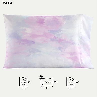 4-Piece Full Sheet Set Watercolor Tie Dye, Includes Top Sheet, Fitted Sheet & 2 Pillowcases, Soft