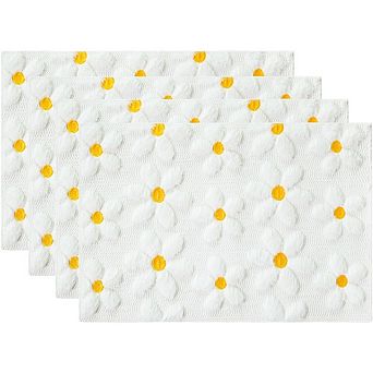 White Daisy Embroidered Plush Faux Fur Placemats Set of 4 Soft Holiday Table Mats