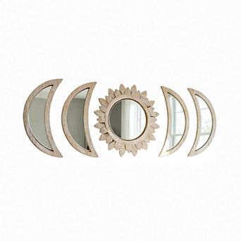 5 pc Moon Phase Decor Set: Wooden Sunburst Mirrors for Boho, Gothic, or Scandinavian Home Decor