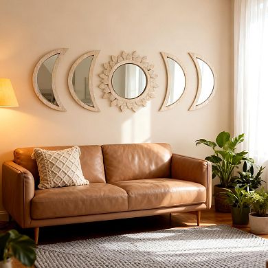 5 Piece Moon Phase Decor Set: Wooden Sunburst Mirrors for Boho, Gothic, or Scandinavian Home Decor