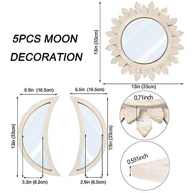 5 Piece Moon Phase Decor Set: Wooden Sunburst Mirrors for Boho, Gothic, or Scandinavian Home Decor