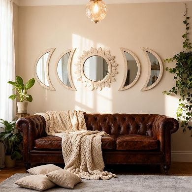 5 Piece Moon Phase Decor Set: Wooden Sunburst Mirrors for Boho, Gothic, or Scandinavian Home Decor