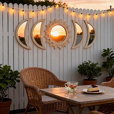 5 Piece Moon Phase Decor Set: Wooden Sunburst Mirrors for Boho, Gothic, or Scandinavian Home Decor