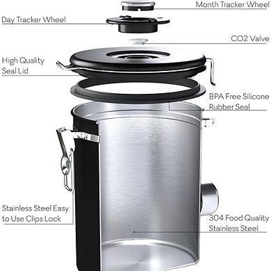 Airtight Stainless Steel Coffee Canister with Scoop and Date Tracker, Kitchen Storage Jar